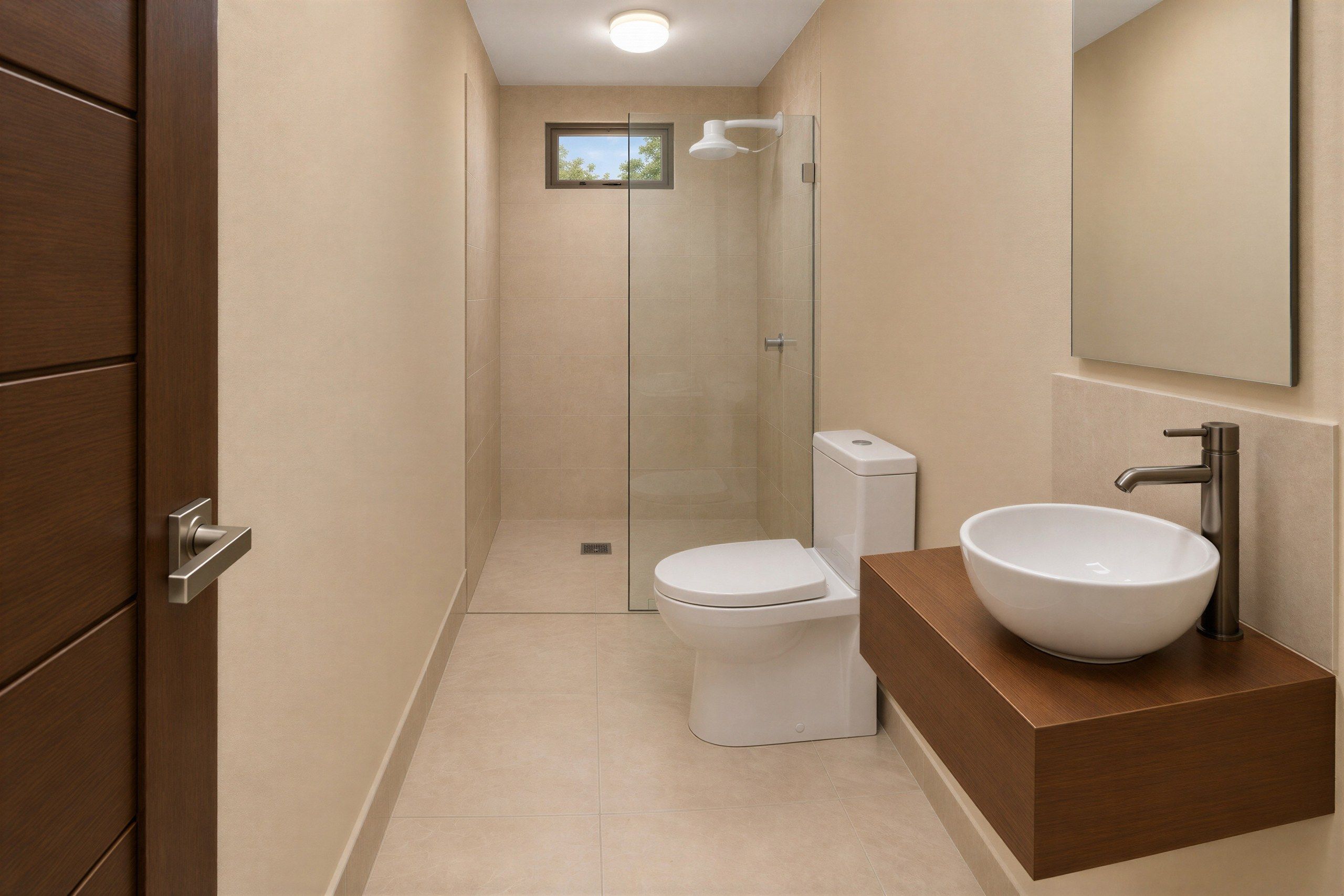 Baño con ducha de vidrio, inodoro y lavamanos sobre mueble de madera