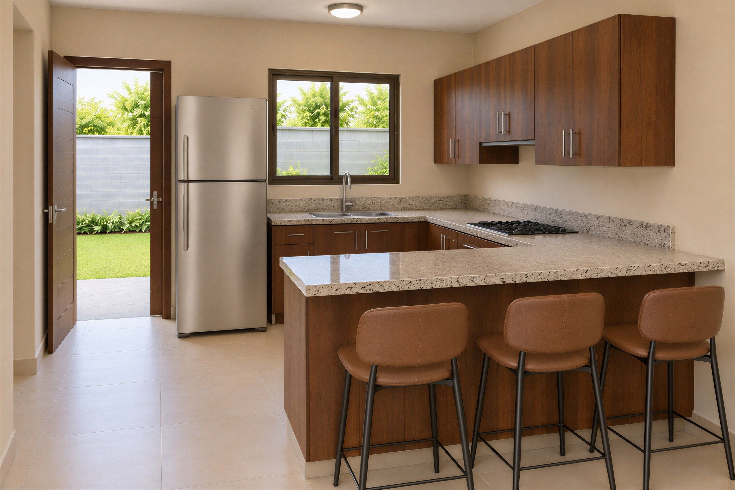 Cocina con muebles de madera, sobre de granito y barra desayunadora