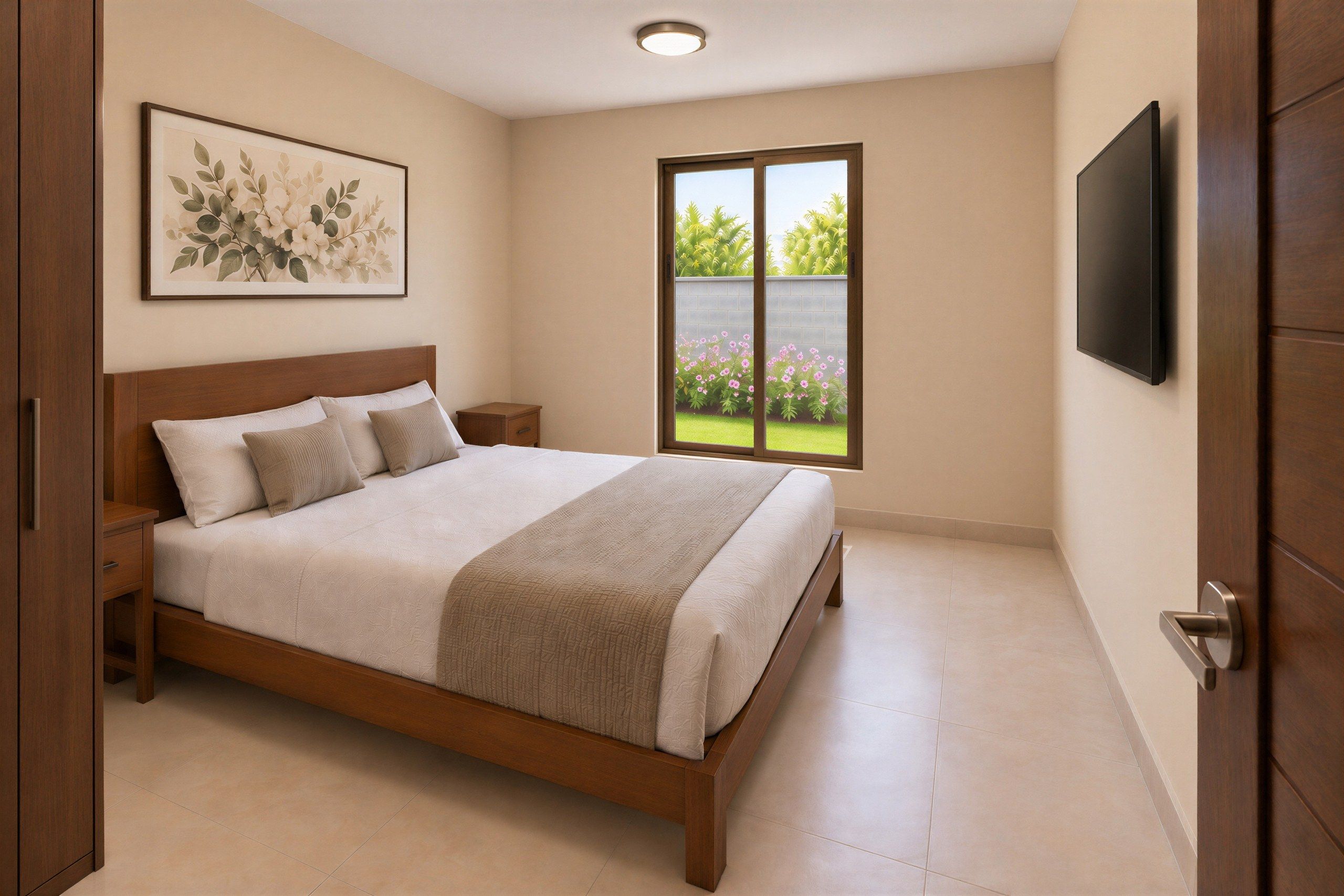 Habitación principal con cama doble, ventana al patio y clóset