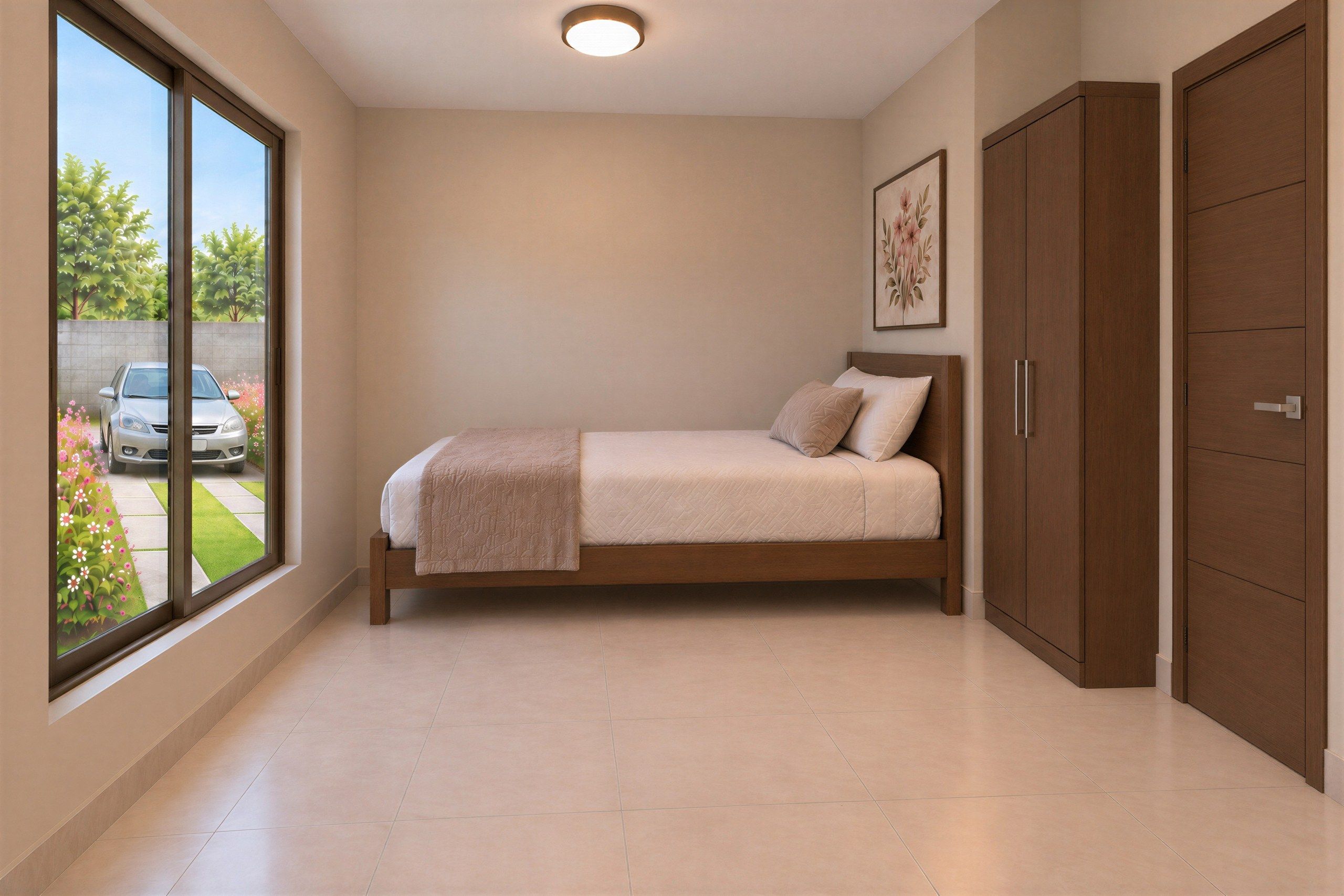 Segunda habitación con cama, clóset y ventana grande